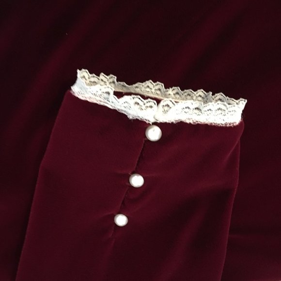 Vintage 60s 70s Victorian Velvet Maroon Maxi Dress, High Lace Neck, Steampunk - Picture 11 of 11